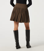 High Waisted A-Line Ribbed Casual Mini Skirt with Built-in Shorts and Pocket — Brown — view 2