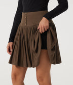 High Waisted A-Line Ribbed Casual Mini Skirt with Built-in Shorts and Pocket — Brown — view 5