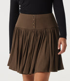 High Waisted A-Line Ribbed Casual Mini Skirt with Built-in Shorts and Pocket — Brown — view 4
