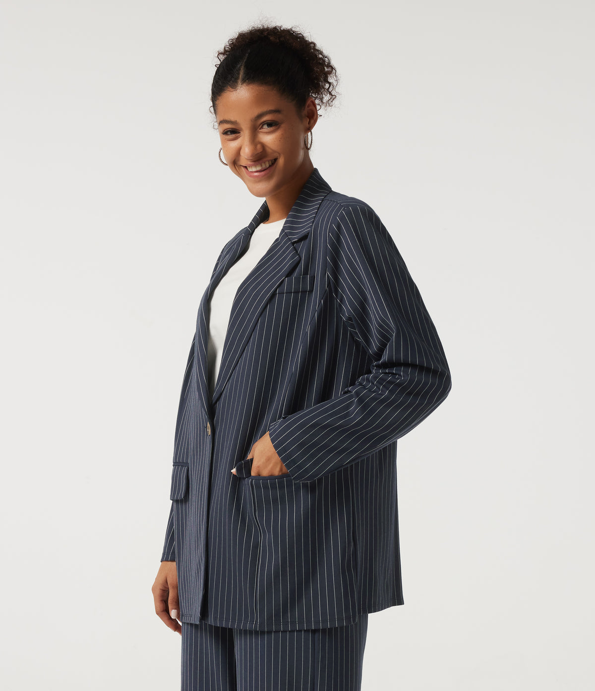 Long Sleeve Work Blazer with Pockets — Ocean Stripe — view 3