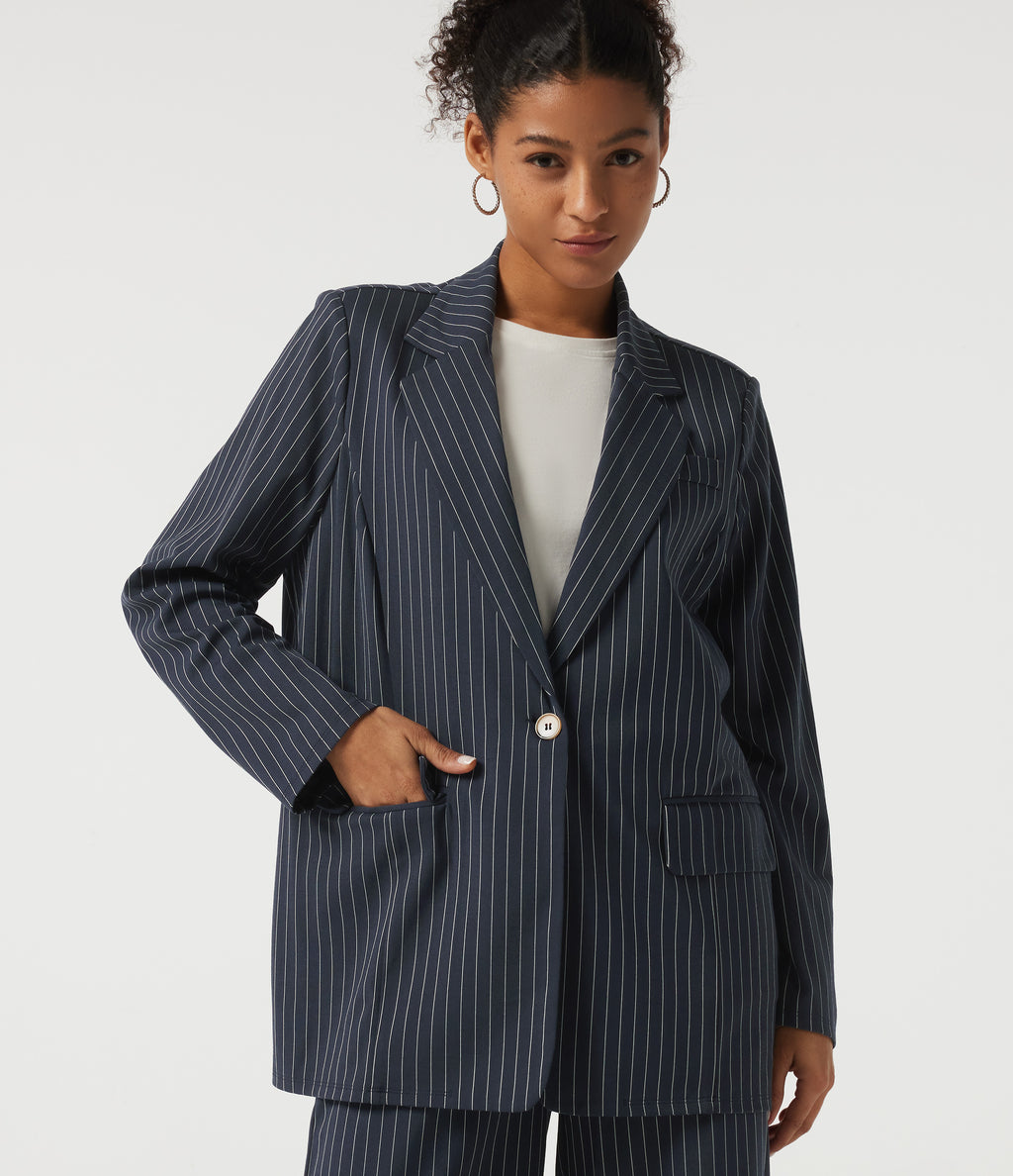 Long Sleeve Work Blazer with Pockets — Ocean Stripe — view 4