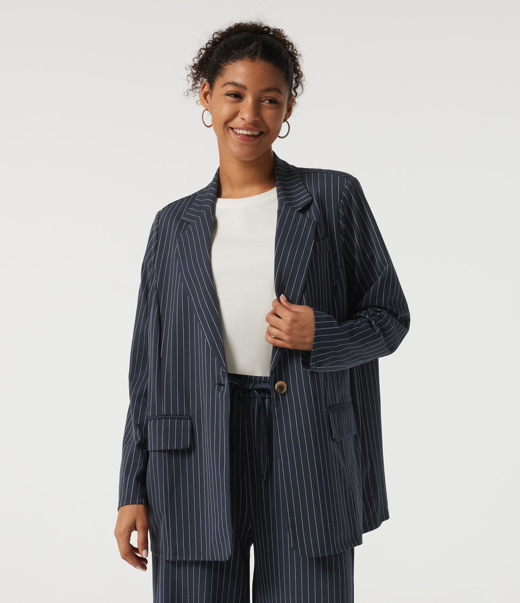 Long Sleeve Work Blazer with Pockets — Ocean Stripe — view 1