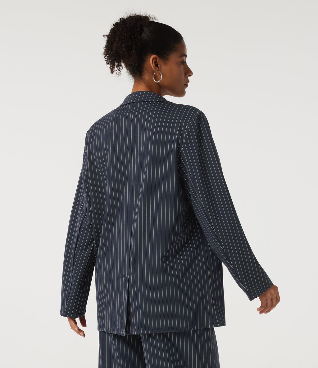 Long Sleeve Work Blazer with Pockets — Ocean Stripe — view 2
