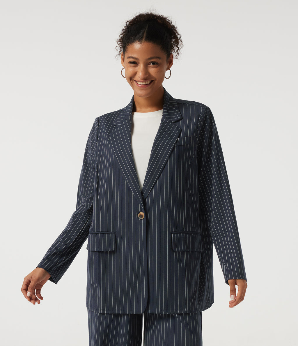 Long Sleeve Work Blazer with Pockets — Ocean Stripe — view 5