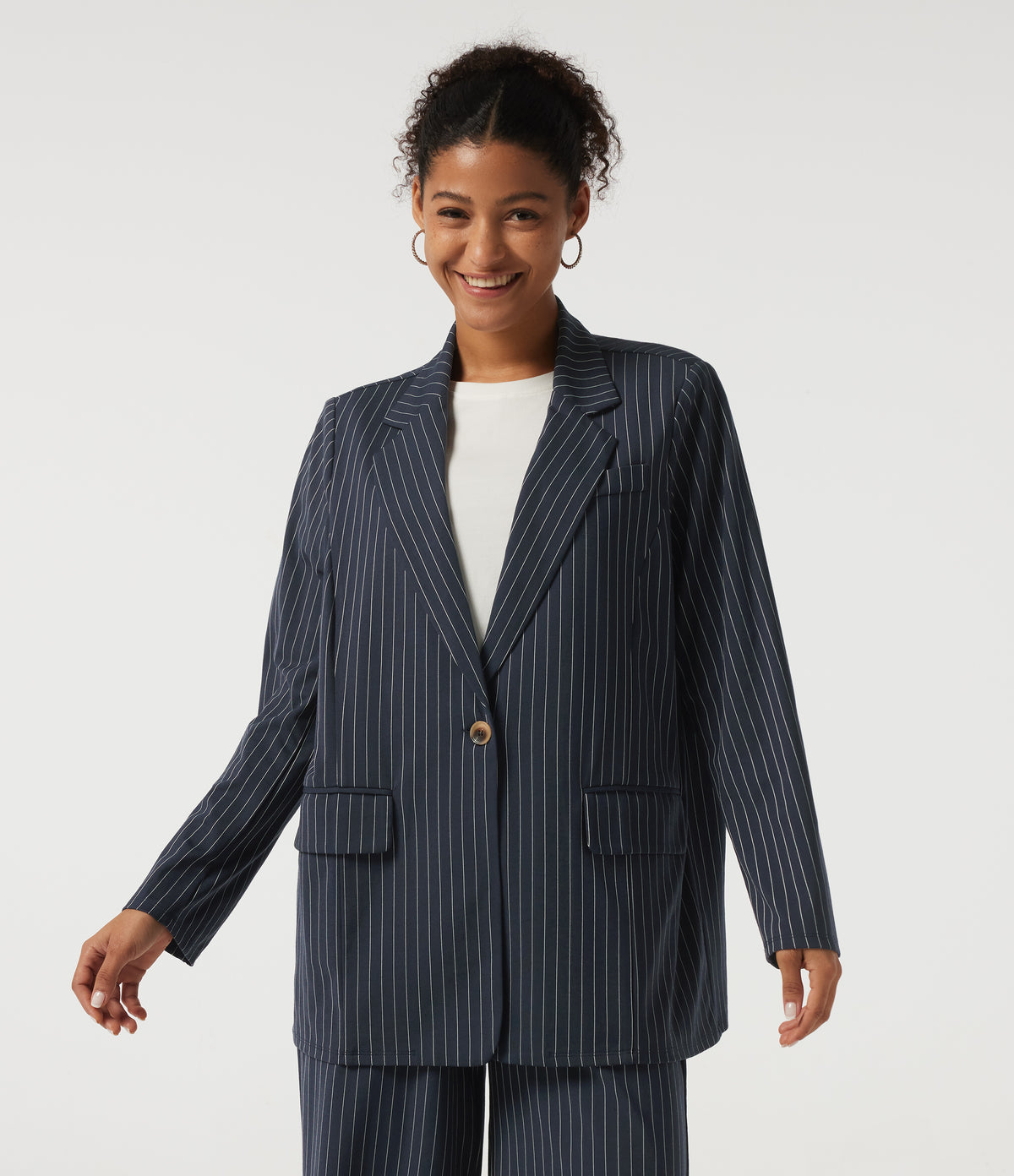 Long Sleeve Work Blazer with Pockets — Ocean Stripe — view 5