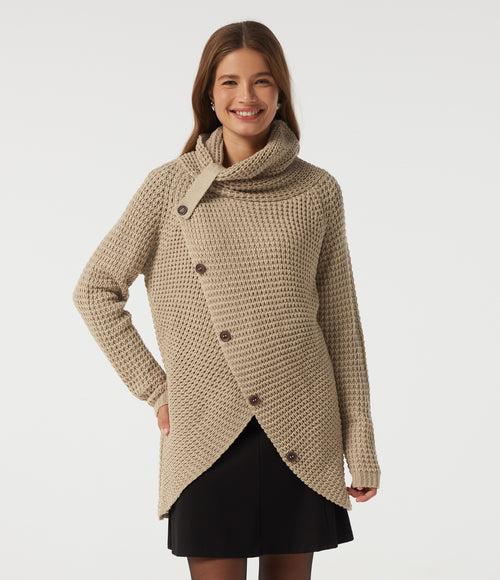 High Neck Long Sleeve Uneven Hem Casual Jumper — Pebble — view 1