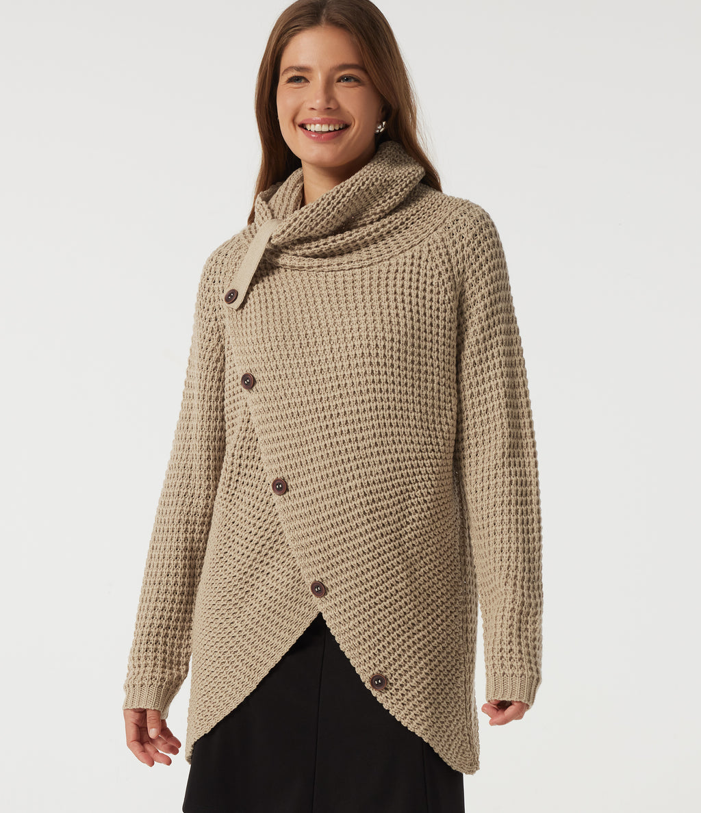 High Neck Long Sleeve Uneven Hem Casual Jumper — Pebble — view 4