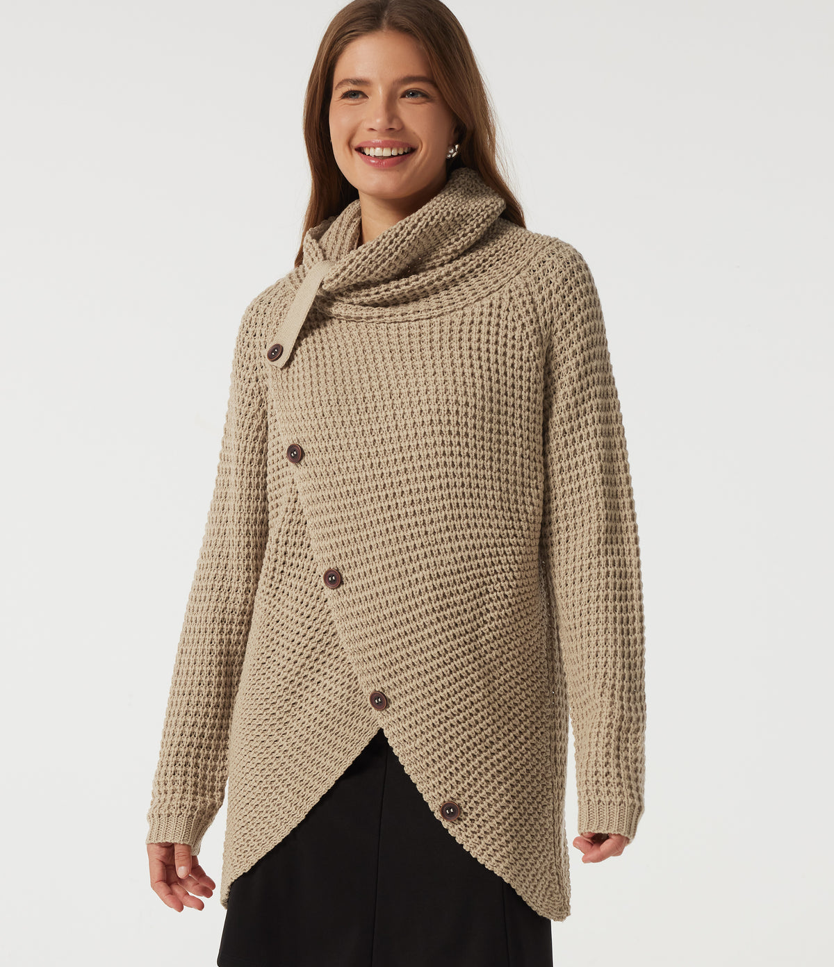 High Neck Long Sleeve Uneven Hem Casual Jumper — Pebble — view 4