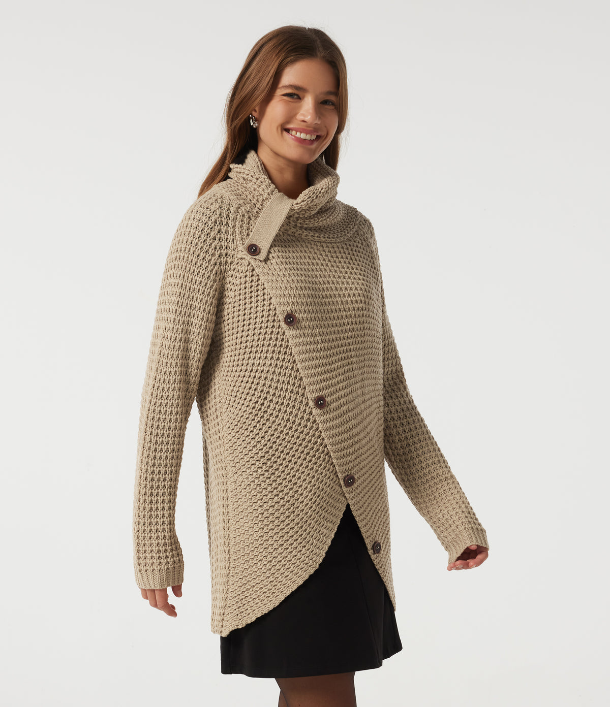 High Neck Long Sleeve Uneven Hem Casual Jumper — Pebble — view 3