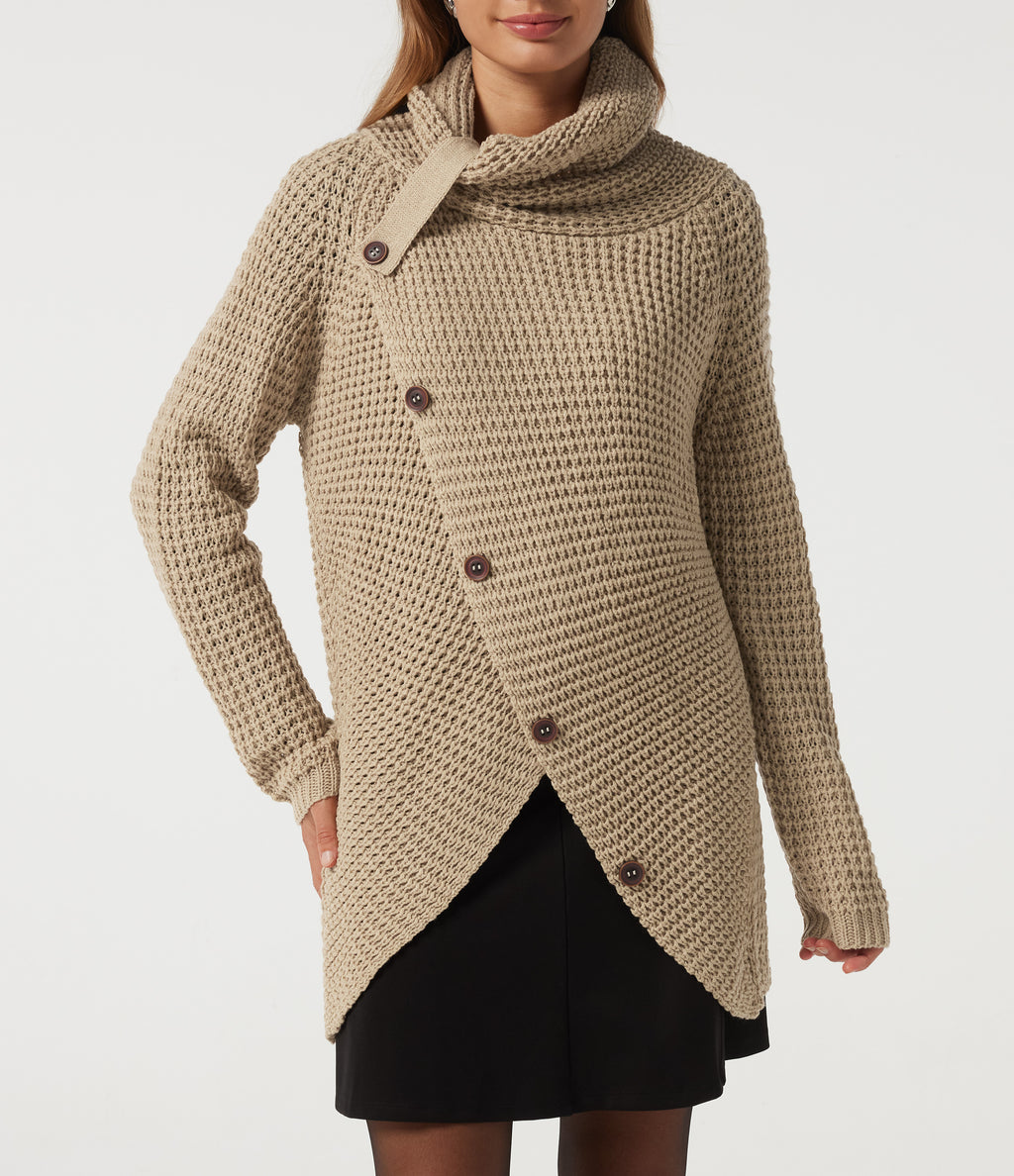 High Neck Long Sleeve Uneven Hem Casual Jumper — Pebble — view 5
