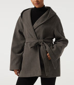 Hooded Tie Long Sleeve Fleece Work Coat with Pockets — Major Brown — view 5