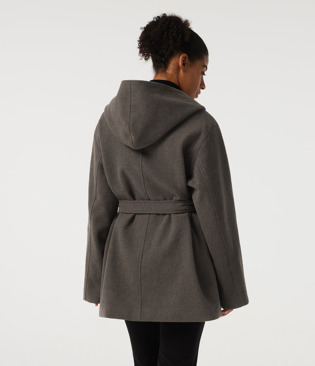 Hooded Tie Long Sleeve Fleece Work Coat with Pockets — Major Brown — view 2