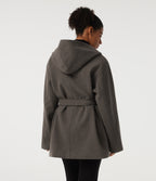 Hooded Tie Long Sleeve Fleece Work Coat with Pockets — Major Brown — view 2