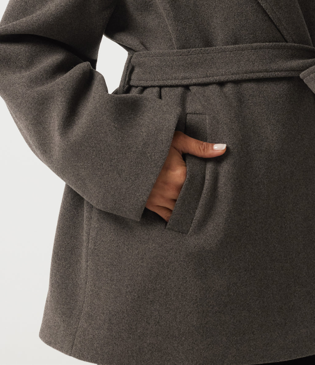 Hooded Tie Long Sleeve Fleece Work Coat with Pockets — Major Brown — view 6
