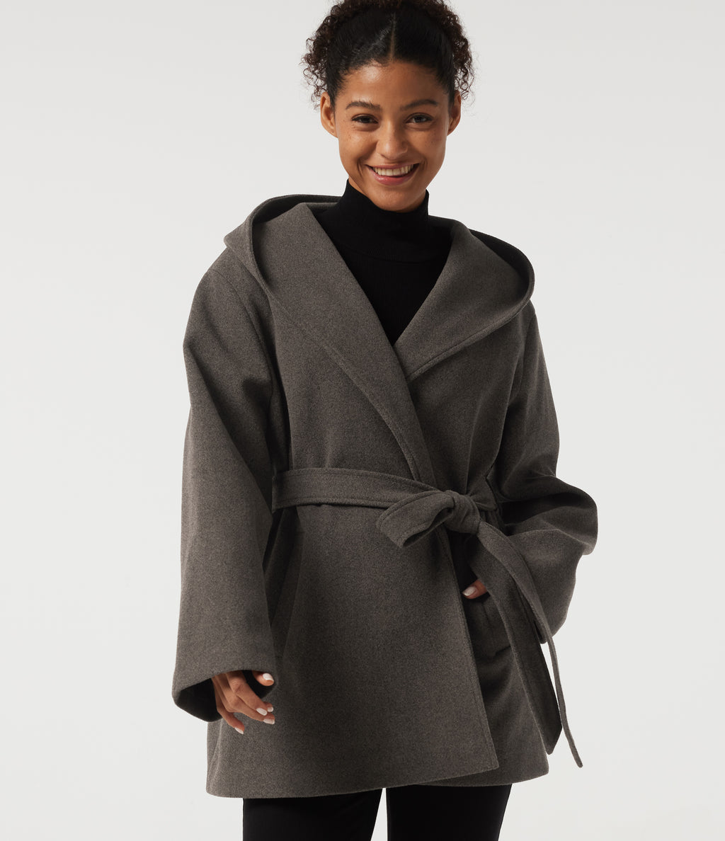 Hooded Tie Long Sleeve Fleece Work Coat with Pockets — Major Brown — view 4