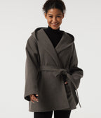 Hooded Tie Long Sleeve Fleece Work Coat with Pockets — Major Brown — view 4