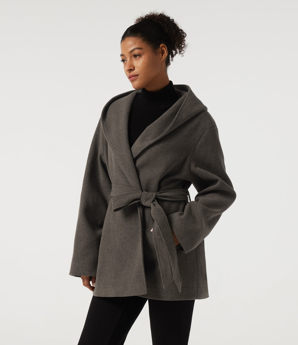 Hooded Tie Long Sleeve Fleece Work Coat with Pockets — Major Brown — view 3