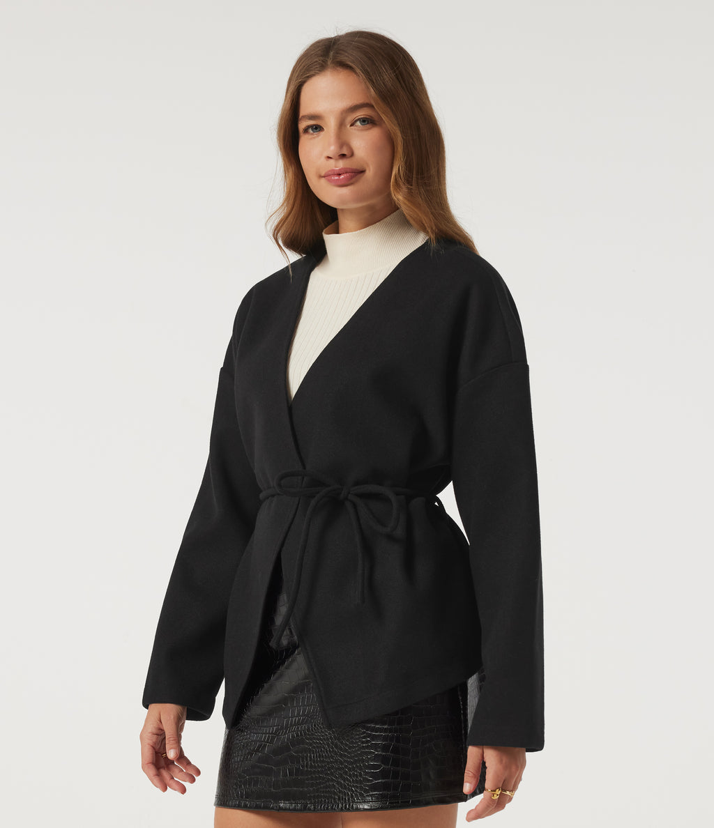 V Neck Long Sleeve Belted Fleece Casual Coat with Pockets — Black — view 3
