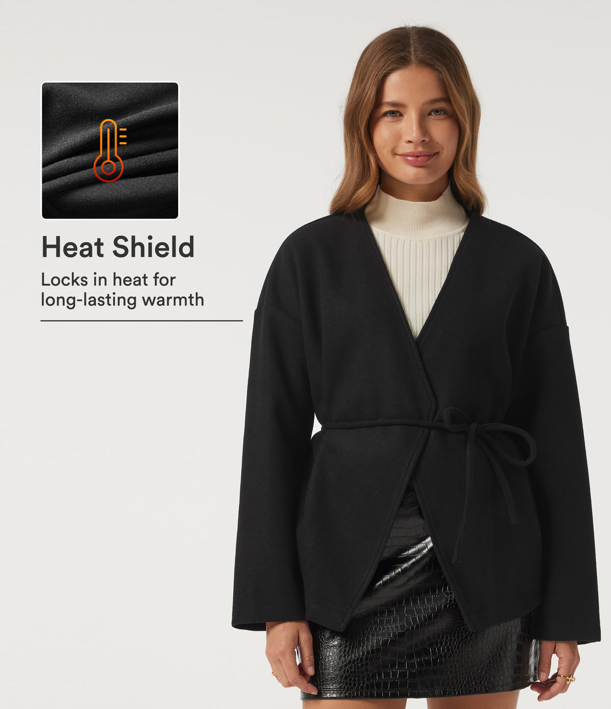V Neck Long Sleeve Belted Fleece Casual Coat with Pockets — Black — view 1