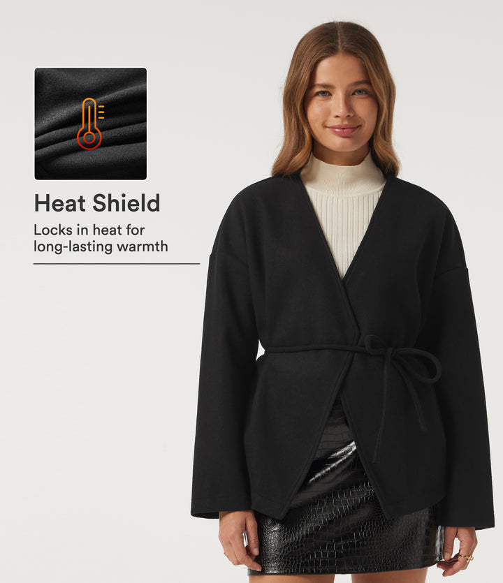 V Neck Long Sleeve Belted Fleece Casual Coat with Pockets — Black — view 1