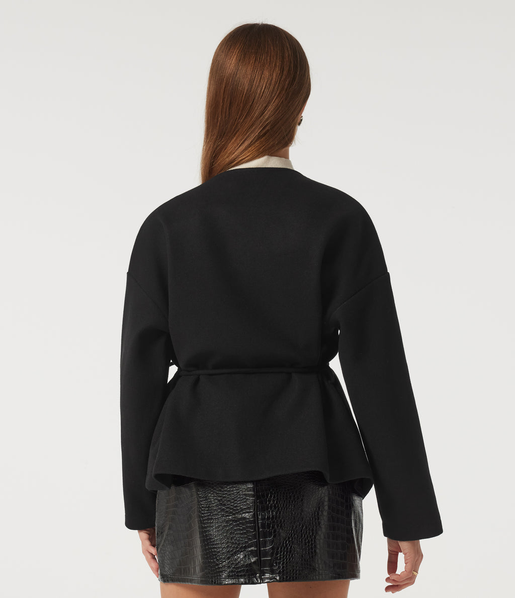 V Neck Long Sleeve Belted Fleece Casual Coat with Pockets — Black — view 2