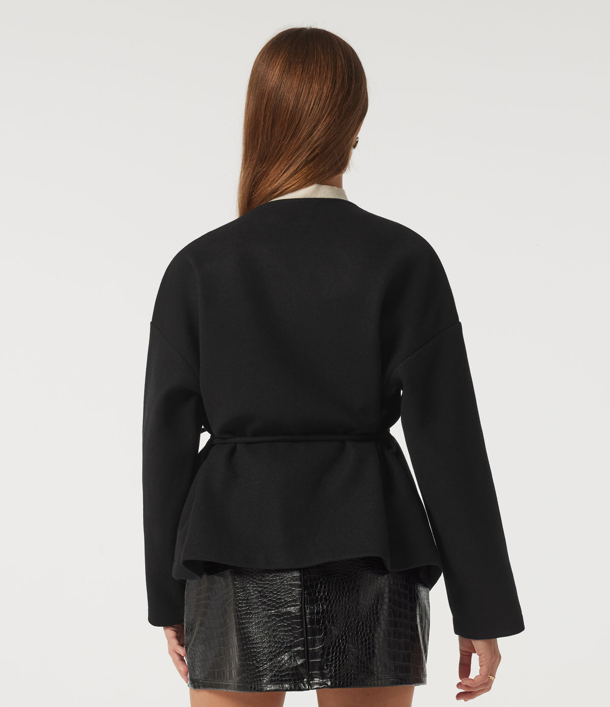 V Neck Long Sleeve Belted Fleece Casual Coat with Pockets — Black — view 2
