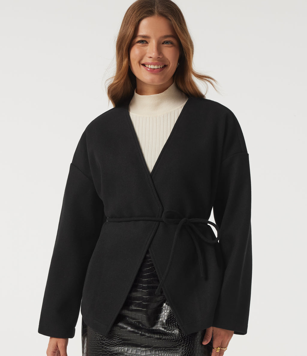 V Neck Long Sleeve Belted Fleece Casual Coat with Pockets — Black — view 5