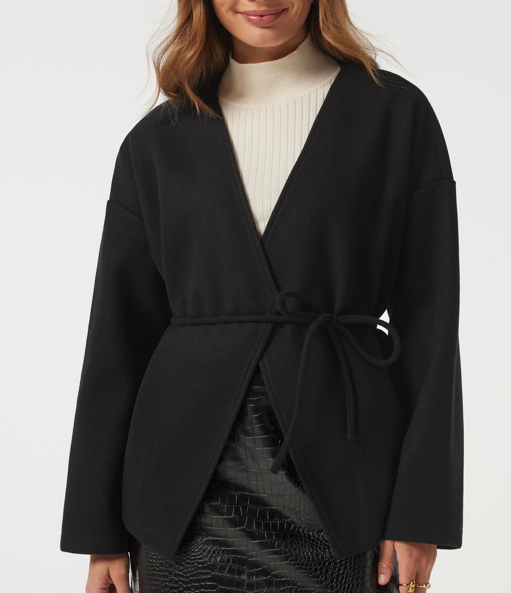 V Neck Long Sleeve Belted Fleece Casual Coat with Pockets — Black — view 6