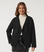 V Neck Long Sleeve Belted Fleece Casual Coat with Pockets — Black — view 4
