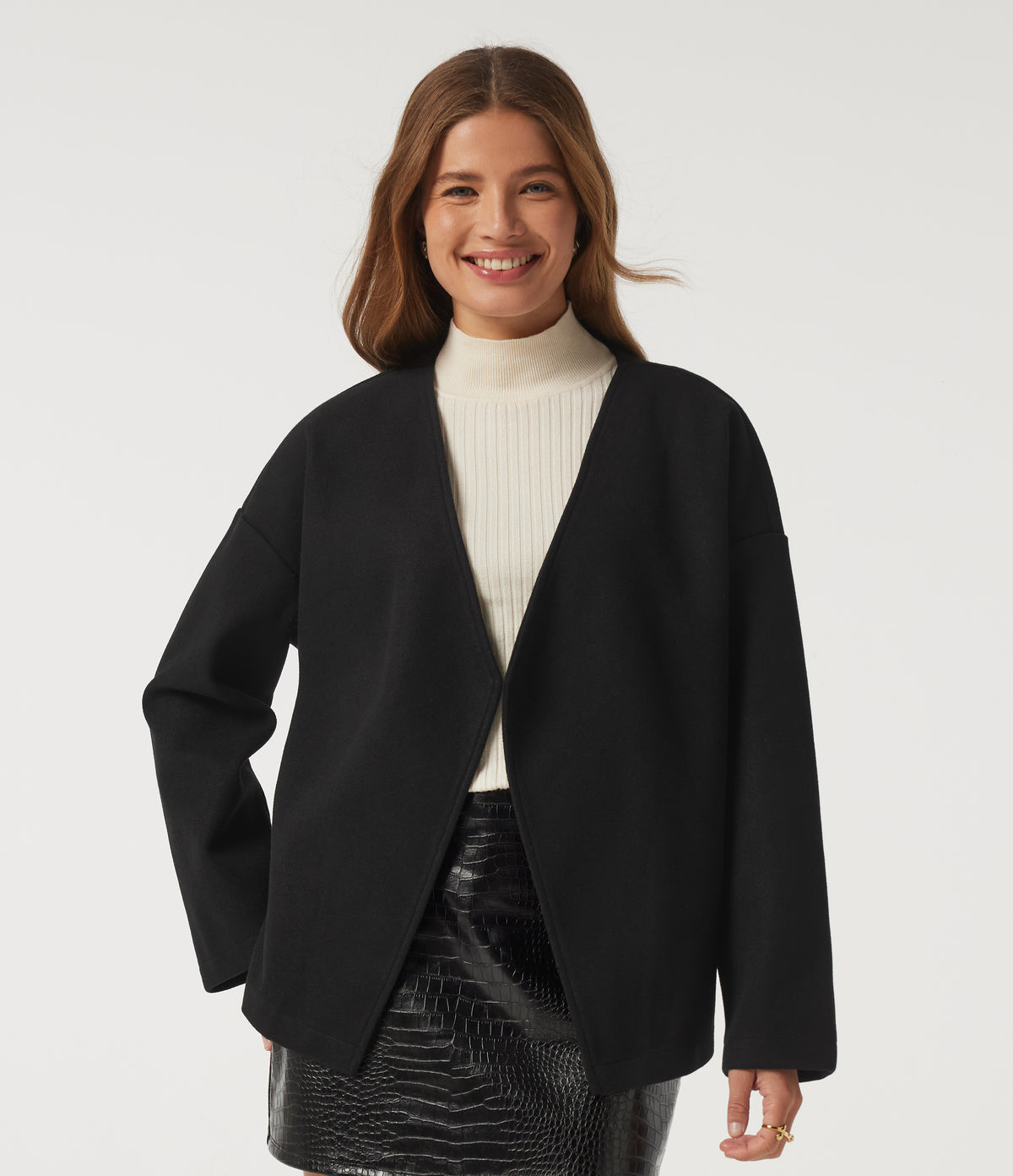 V Neck Long Sleeve Belted Fleece Casual Coat with Pockets — Black — view 4