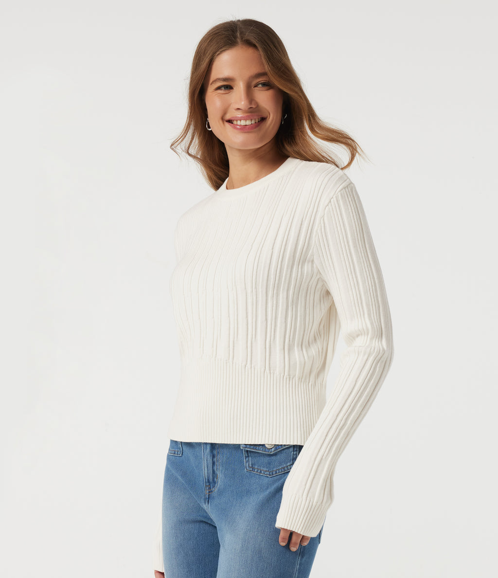 Round Neck Long Sleeve Casual Jumper — White — view 3
