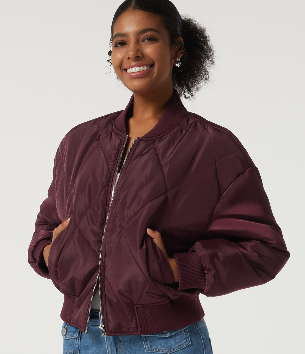 Round Neck Long Sleeve Casual Bomber Jacket with Pockets — Blackcurrant — view 5