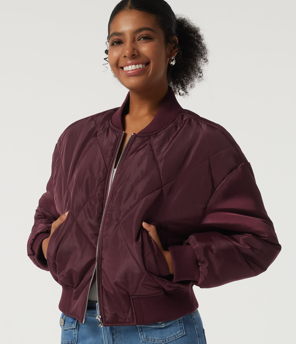 Round Neck Long Sleeve Casual Bomber Jacket with Pockets — Blackcurrant — view 5