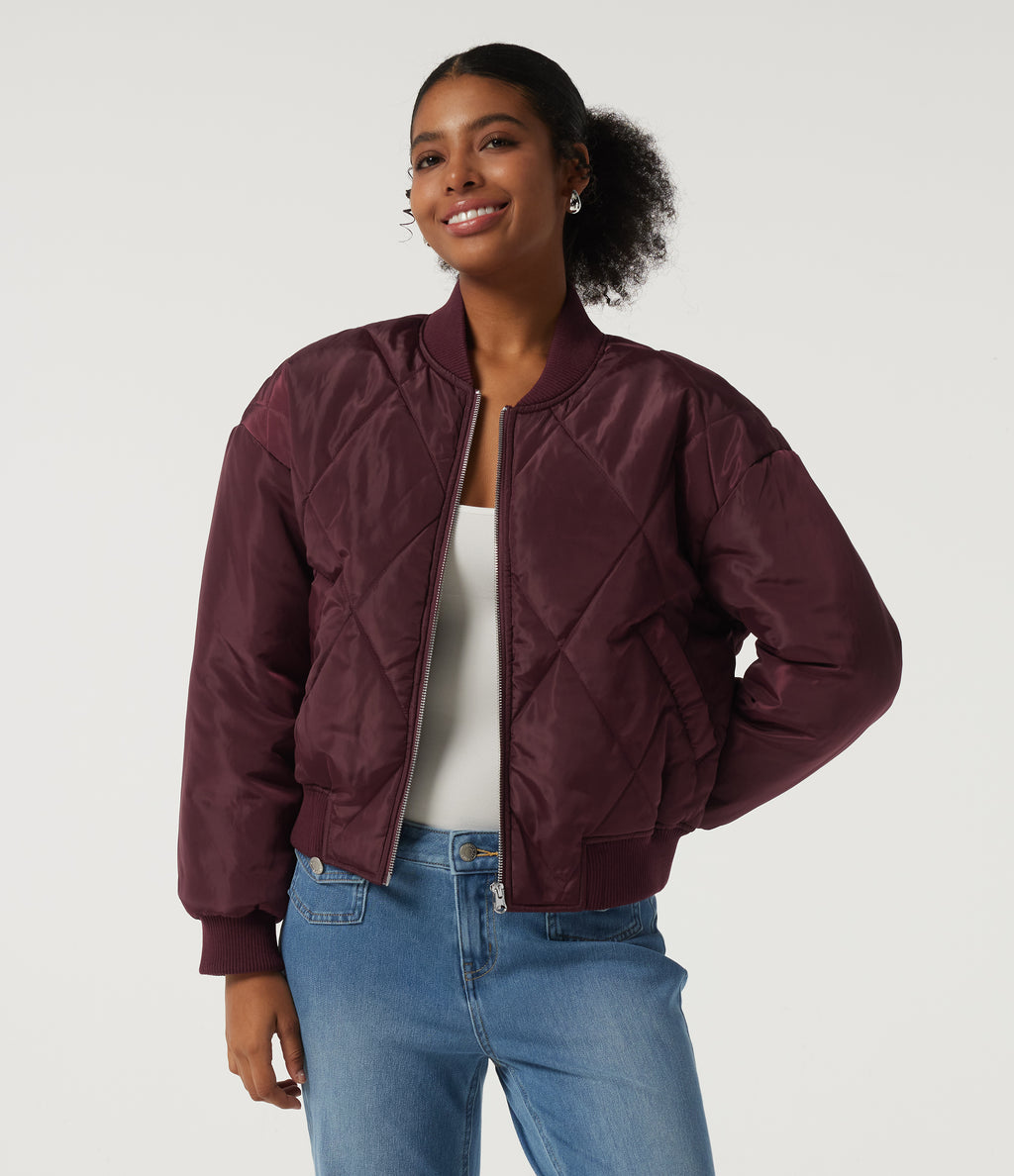 Round Neck Long Sleeve Casual Bomber Jacket with Pockets — Blackcurrant — view 1