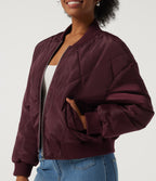 Round Neck Long Sleeve Casual Bomber Jacket with Pockets — Blackcurrant — view 6