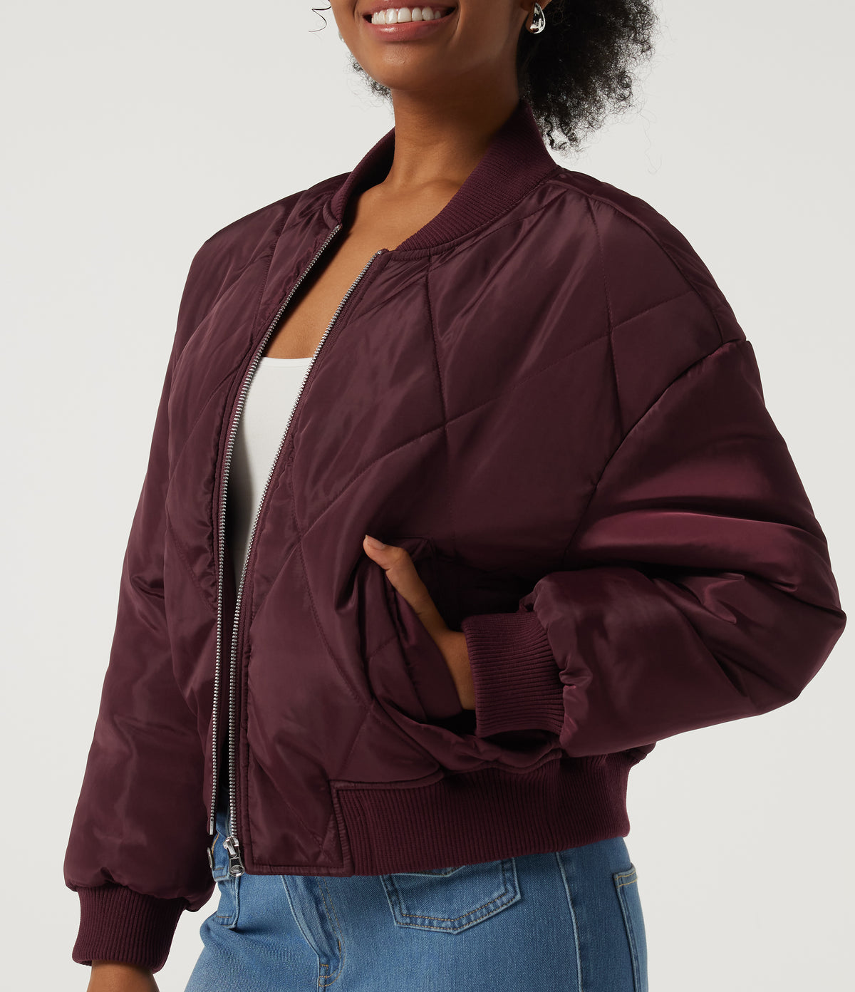 Round Neck Long Sleeve Casual Bomber Jacket with Pockets — Blackcurrant — view 6