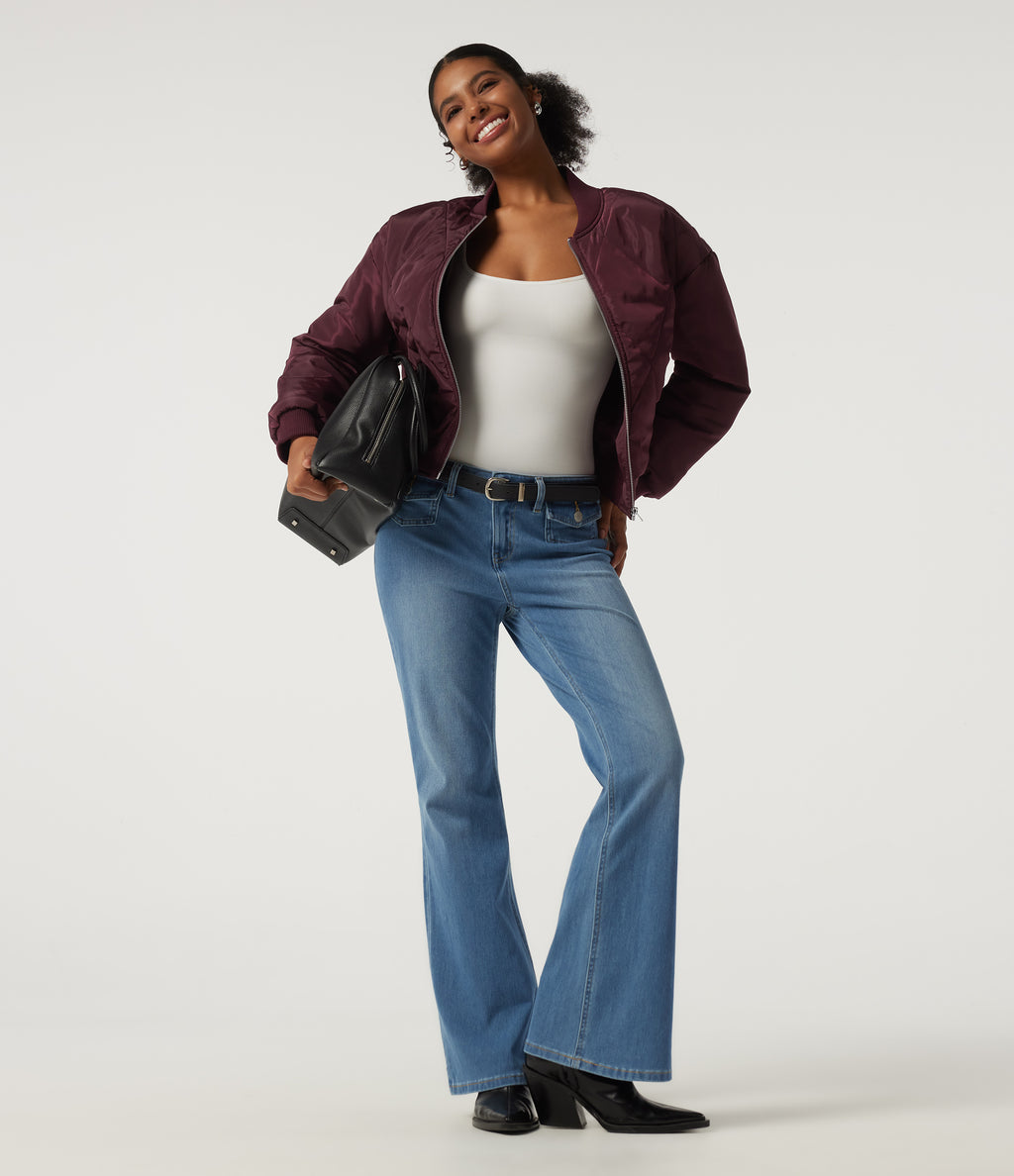 Round Neck Long Sleeve Casual Bomber Jacket with Pockets — Blackcurrant — view 7
