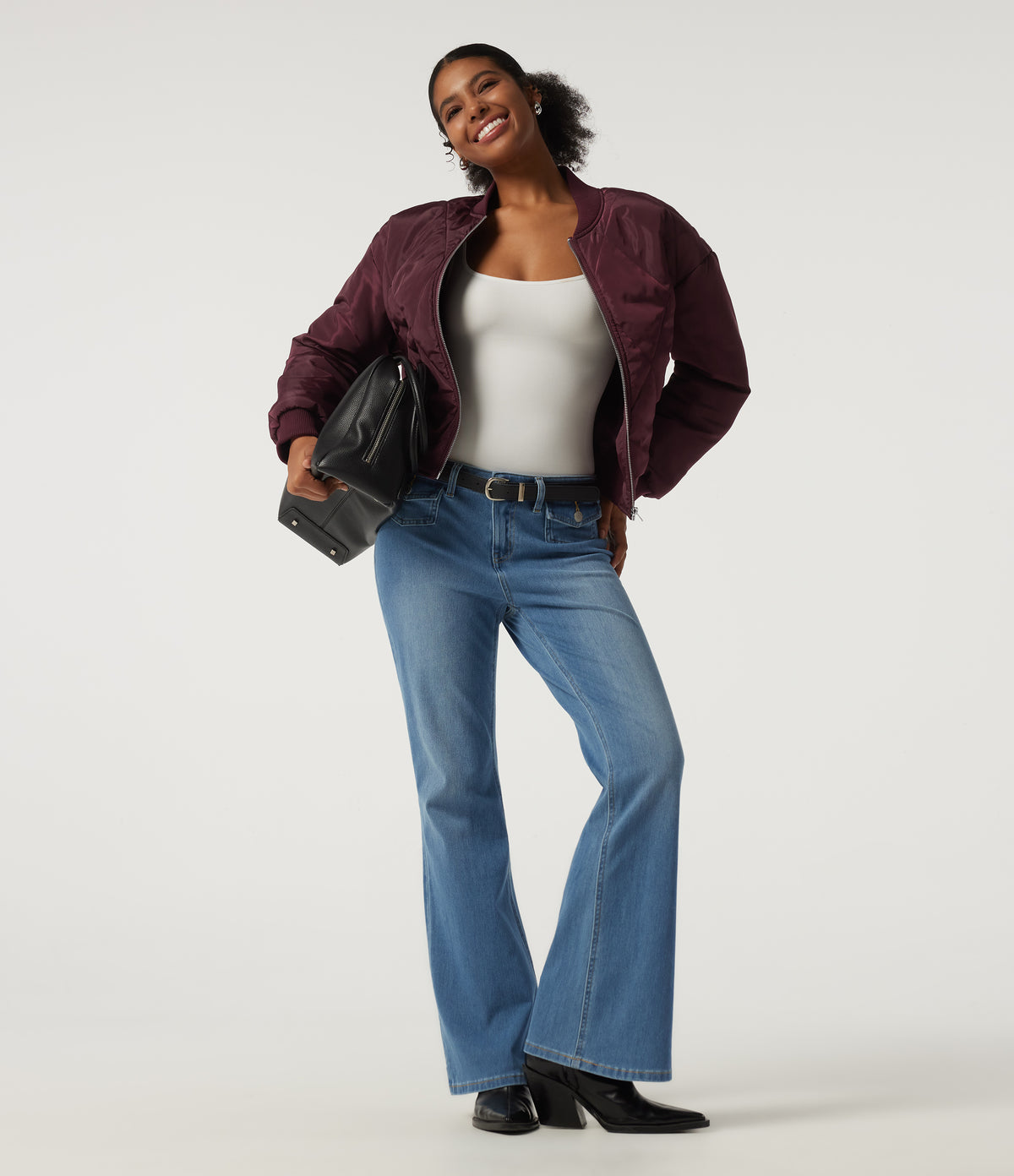 Round Neck Long Sleeve Casual Bomber Jacket with Pockets — Blackcurrant — view 7