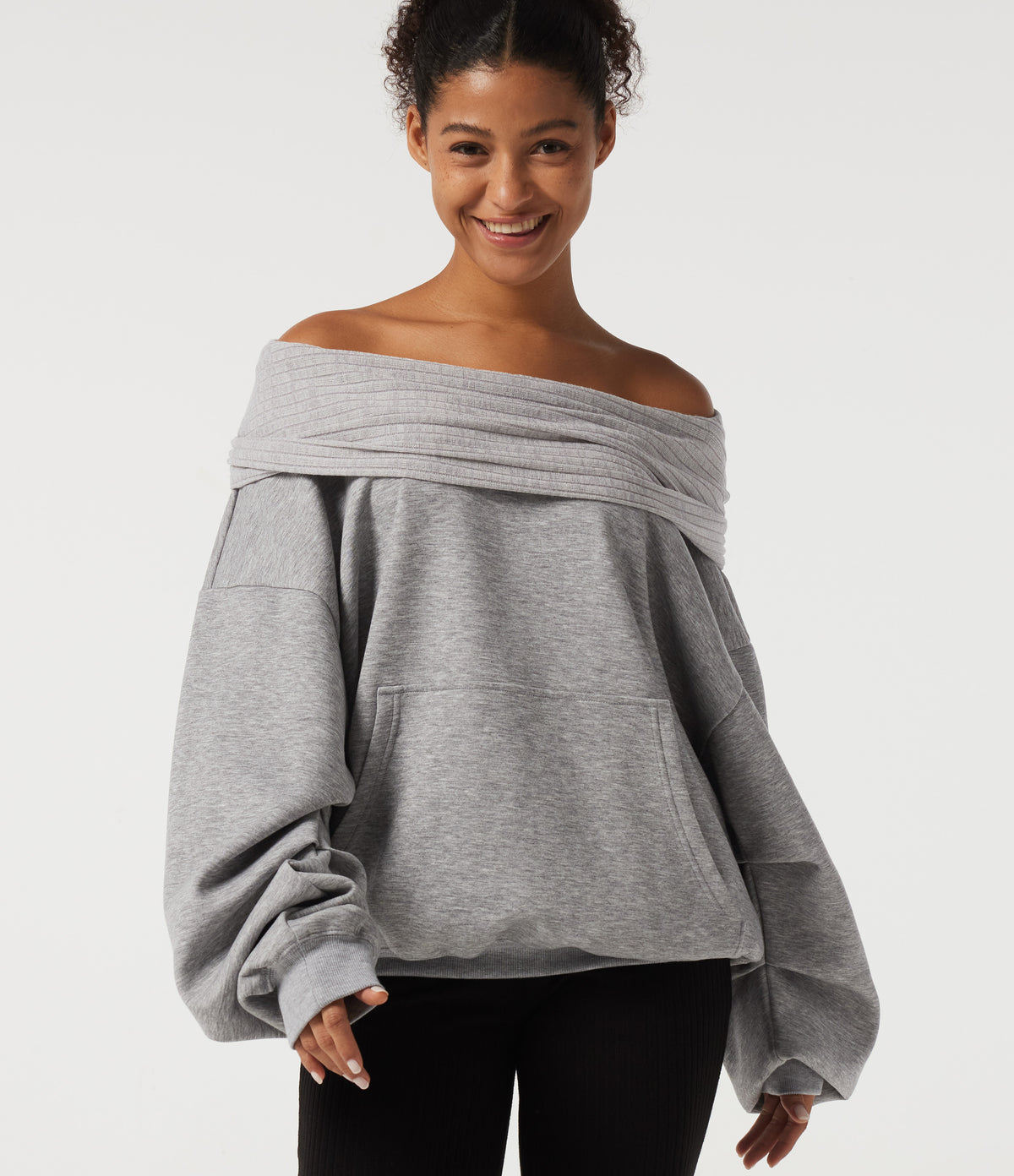 Off Shoulder Batwing Long Sleeve Casual Sweatshirt — Mottled Grey — view 4