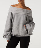 Off Shoulder Batwing Long Sleeve Casual Sweatshirt — Mottled Grey — view 7