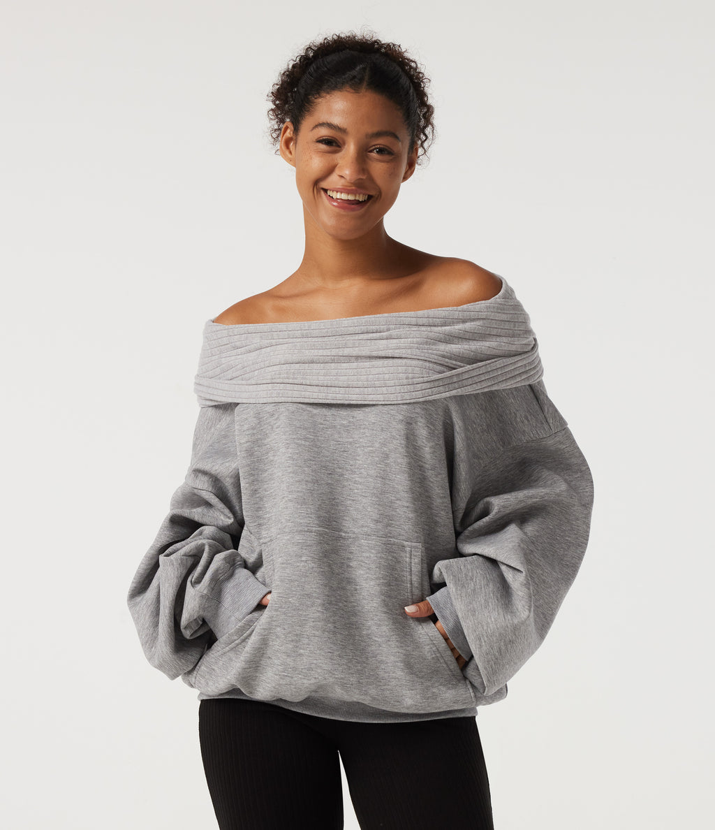 Off Shoulder Batwing Long Sleeve Casual Sweatshirt — Mottled Grey — view 1