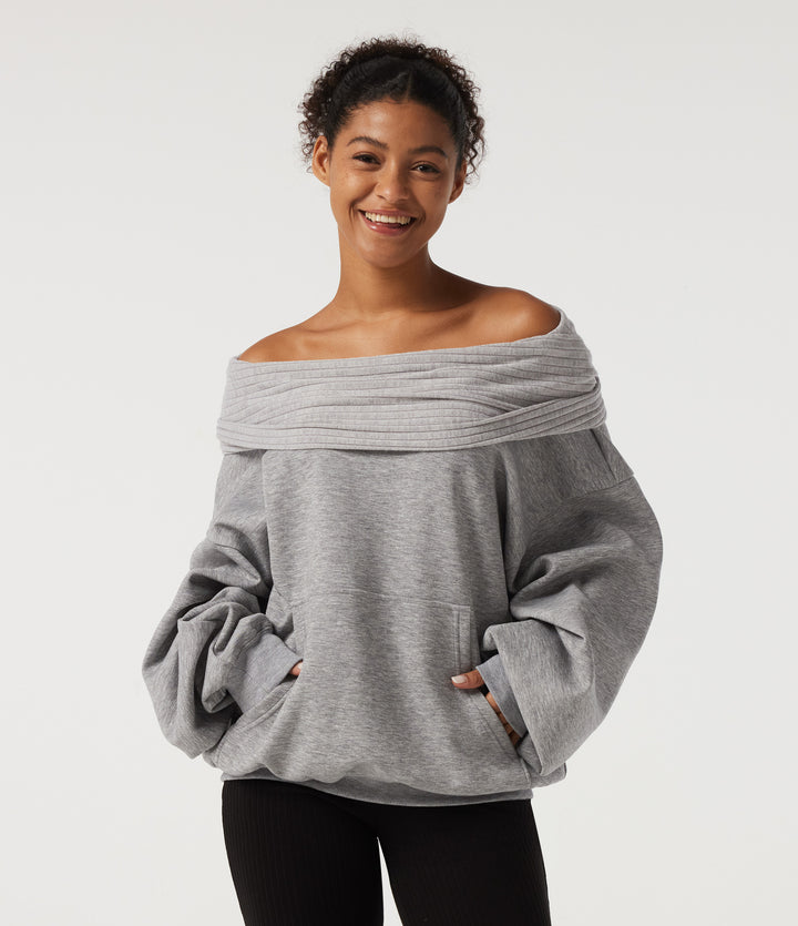 Off Shoulder Batwing Long Sleeve Casual Sweatshirt — Mottled Grey — view 1