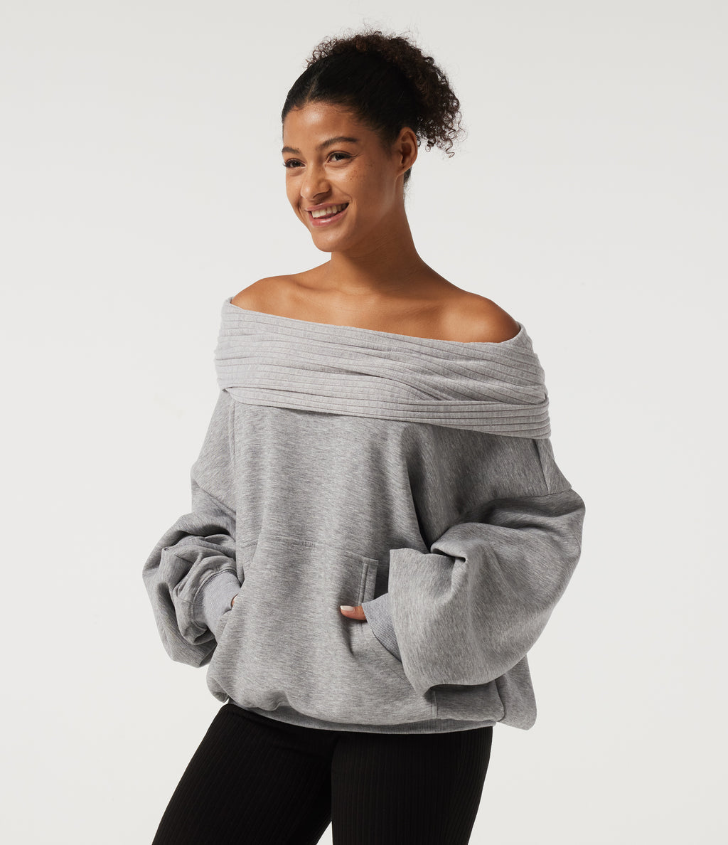 Off Shoulder Batwing Long Sleeve Casual Sweatshirt — Mottled Grey — view 3
