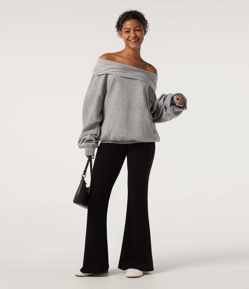 Off Shoulder Batwing Long Sleeve Casual Sweatshirt — Mottled Grey — view 5