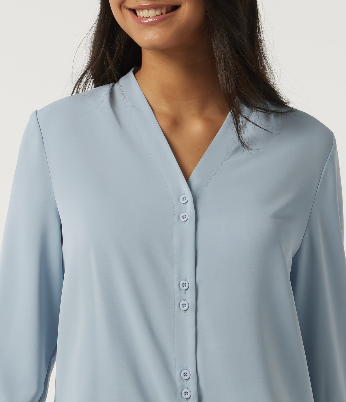 V Neck Long Sleeve Boxy Work Blouse — Misty Rain Grey — view 5