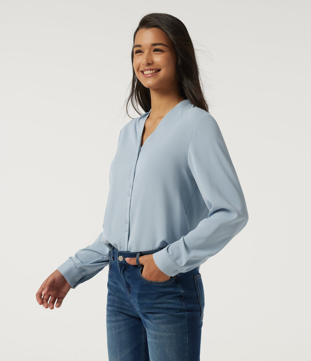 V Neck Long Sleeve Boxy Work Blouse — Misty Rain Grey — view 3