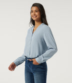 V Neck Long Sleeve Boxy Work Blouse — Misty Rain Grey — view 3