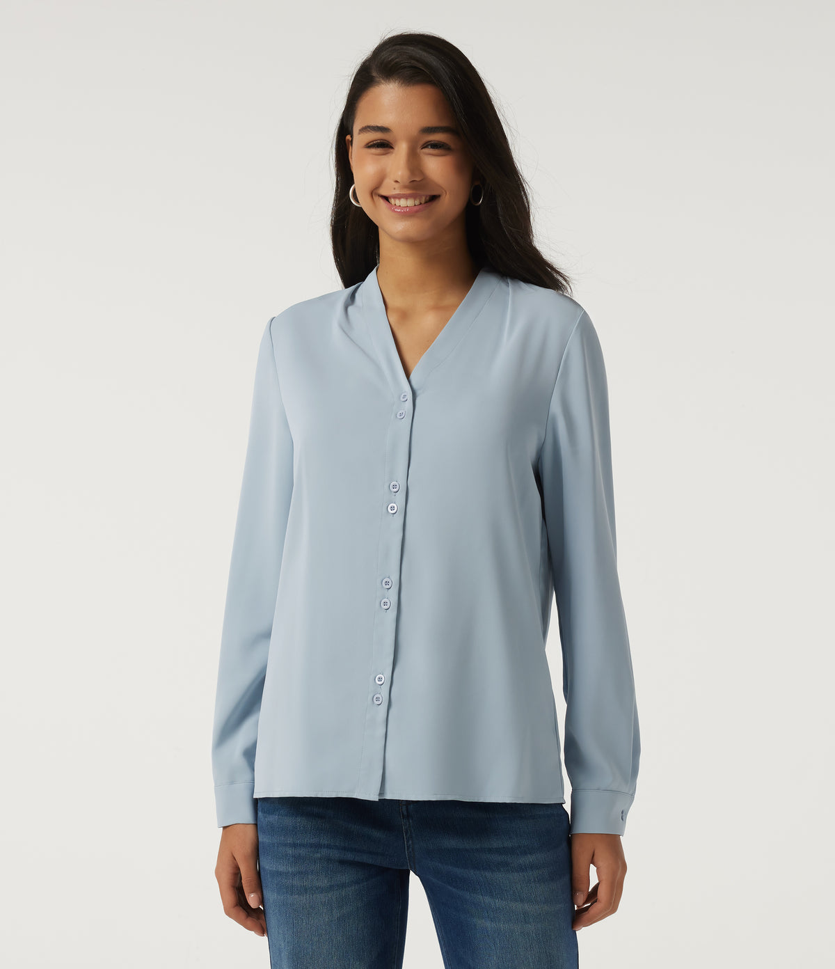 V Neck Long Sleeve Boxy Work Blouse — Misty Rain Grey — view 1