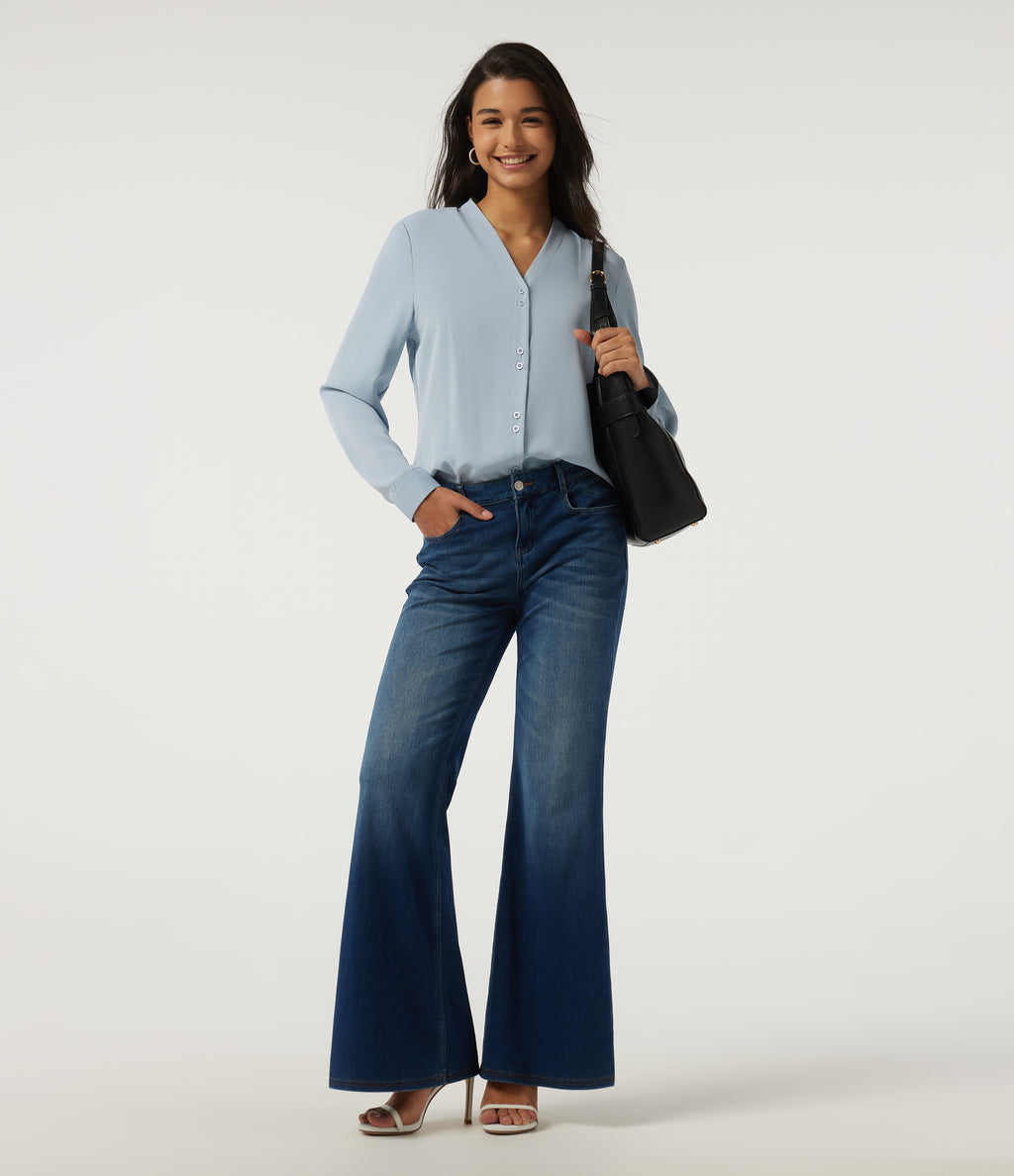 V Neck Long Sleeve Boxy Work Blouse — Misty Rain Grey — view 7
