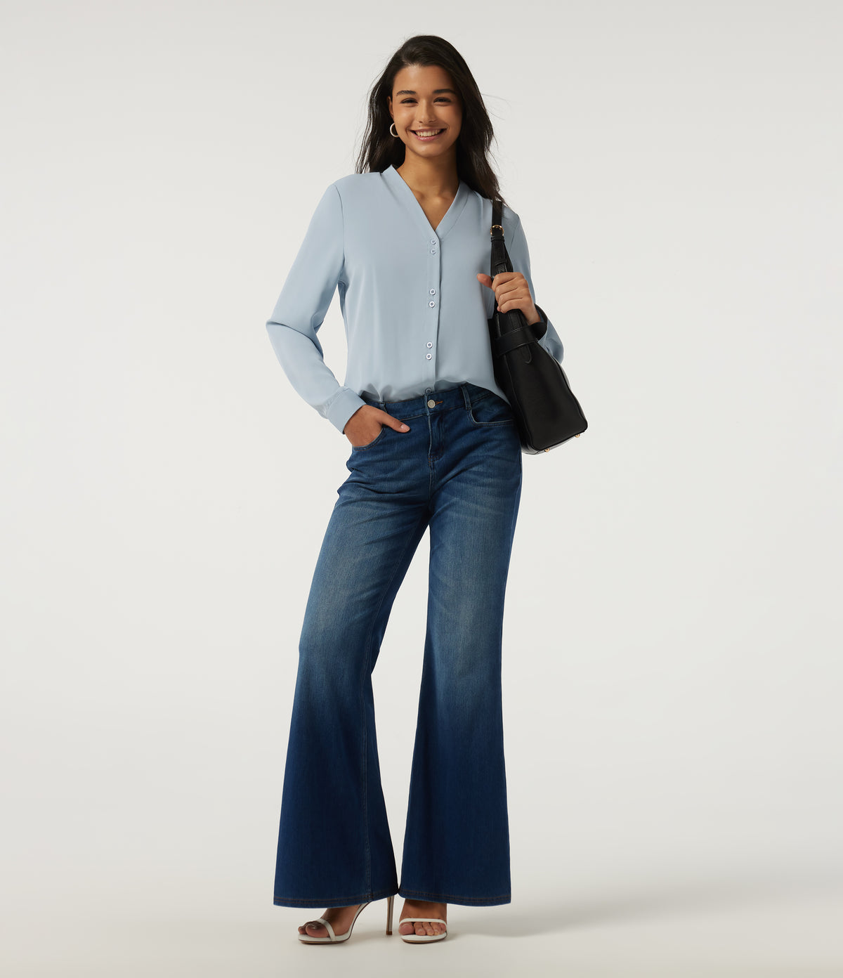 V Neck Long Sleeve Boxy Work Blouse — Misty Rain Grey — view 7